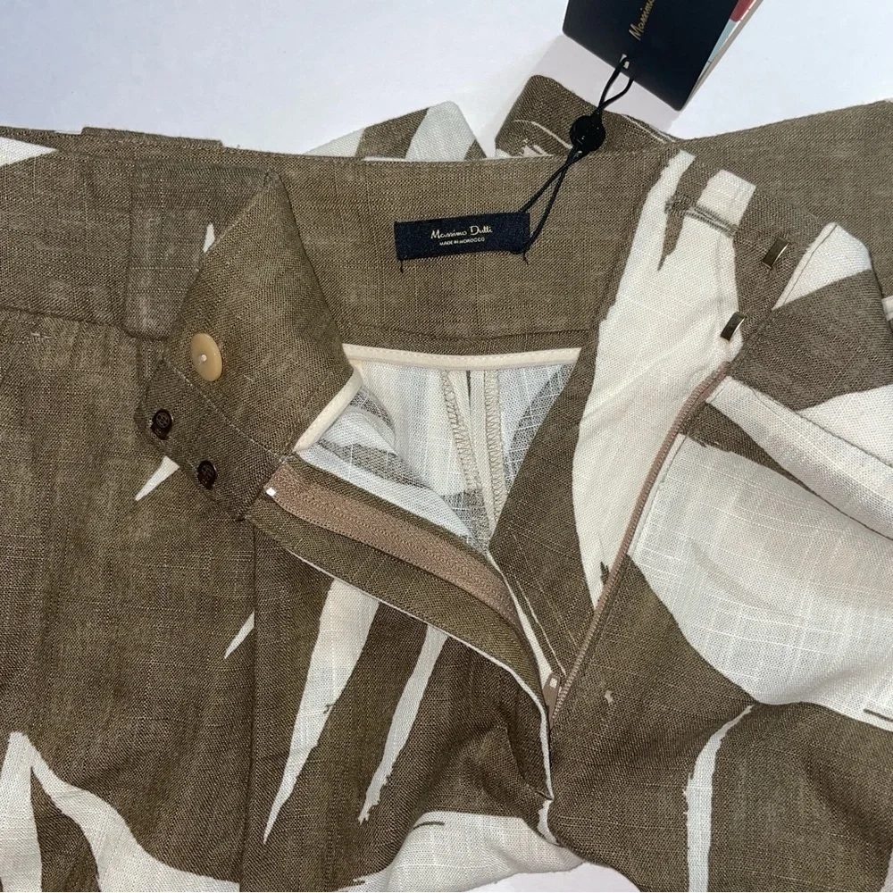 Massimo Dutti Bermuda Shorts Pleated Linen Brown Off White Palm Botanical NWT 10 - Picture 8 of 9